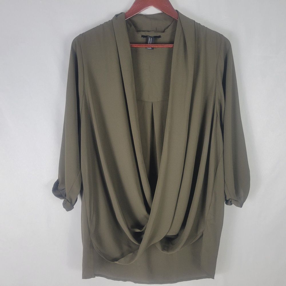 Forever 21 Shirt Womens Medium‎ Taupe Evening Tunic Top Long Rolled Cuff Sleeve